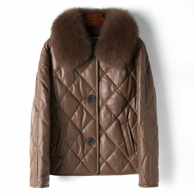 Hot selling fox fur collar white duck down genuine leather jacket (S-L size) (brown coffee color) (contact customer service after placing the order to confirm the delivery size)
