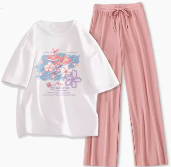 Hot selling loose short-sleeved trousers two-piece set [white (Tuya Sakura) + pink pants] [S-XL size] (please contact customer service to confirm the delivery size after placing the order)