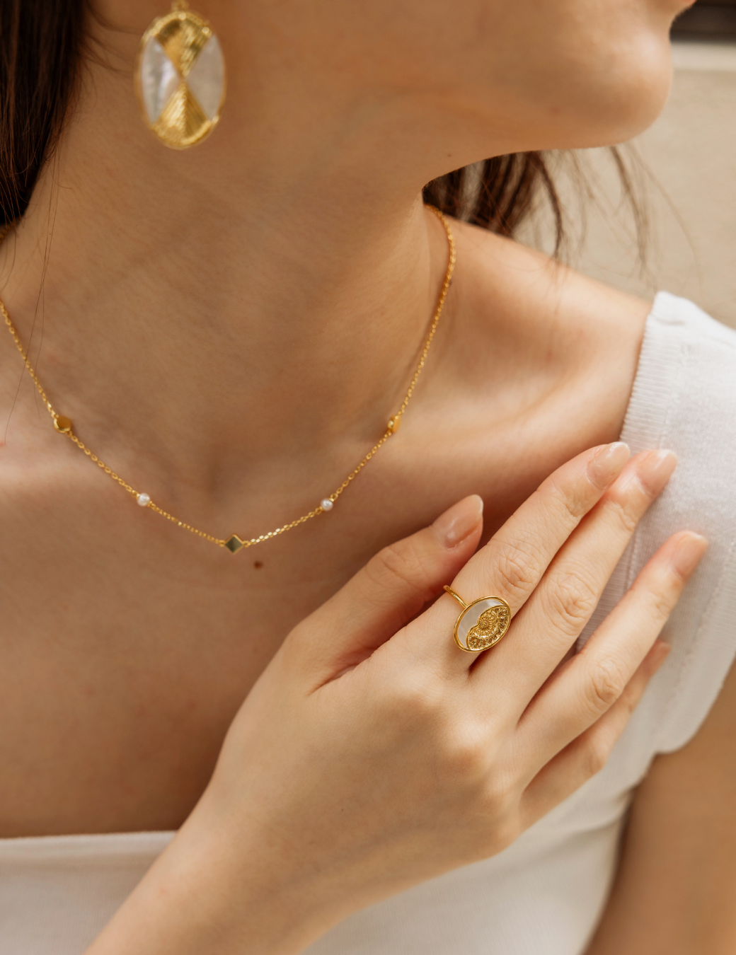 Sun&Moon拼接母貝戒指（金色）