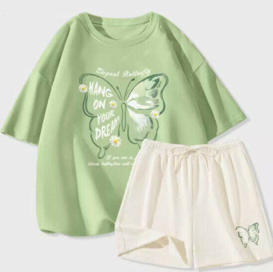 Hot selling ice silk short-sleeved shorts two-piece set [fruit green (daisy butterfly) + milk white pants] [S-2XL size] (please contact customer service to confirm the delivery size after placing the order)