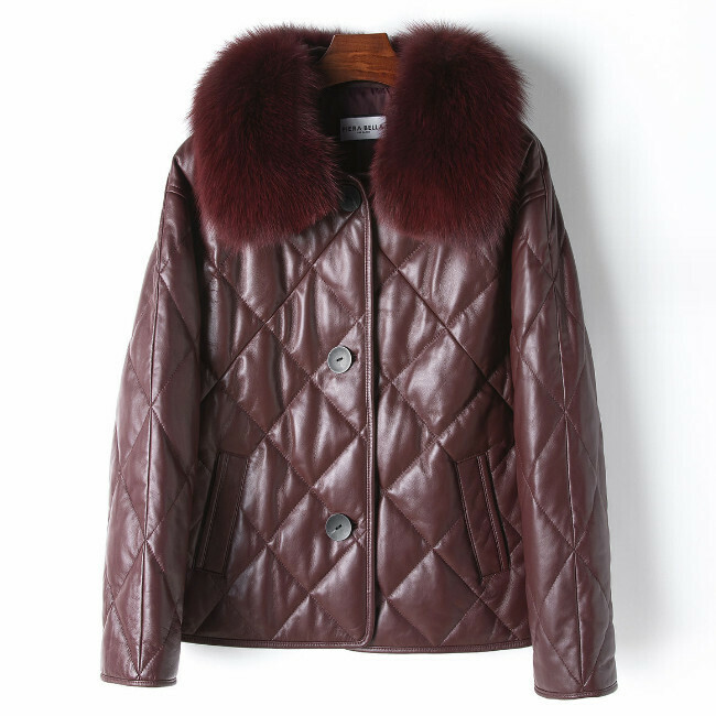 Hot selling fox fur collar white duck down genuine leather jacket (S-L size) (purple) (contact customer service after placing the order to confirm the delivery size)