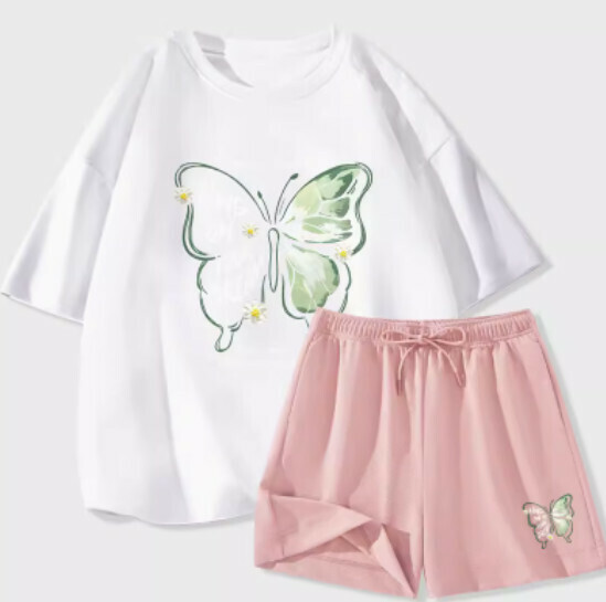 Hot selling ice silk short-sleeved shorts two-piece set [white (daisy butterfly) + pink pants] [S-2XL size] (please contact customer service to confirm the delivery size after placing the order)