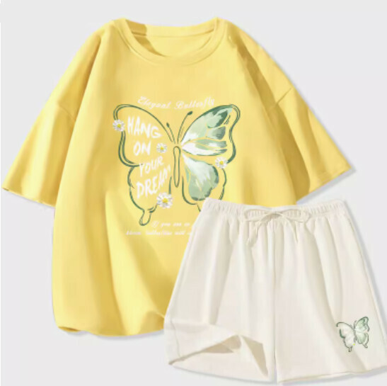 Hot selling ice silk short-sleeved shorts two-piece set [goose yellow (daisy butterfly) + milky white pants] [S-2XL size] (please contact customer service to confirm the delivery size after placing the order)