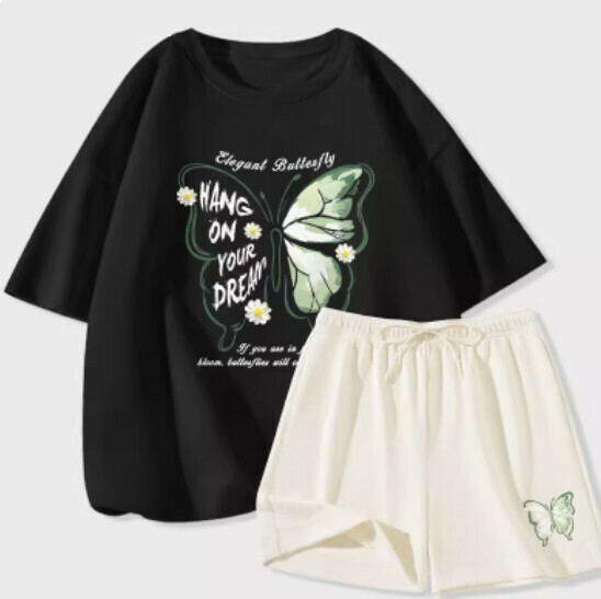 Hot selling ice silk short-sleeved shorts two-piece set [black (daisy butterfly) + milk white pants] [S-2XL size] (please contact customer service to confirm the delivery size after placing the order)