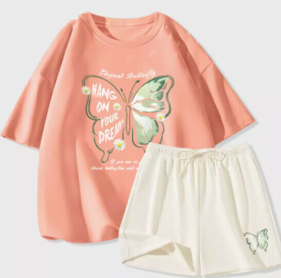 Hot selling ice silk short-sleeved shorts two-piece set [orange pink (daisy butterfly) + milk white pants] [S-2XL size] (please contact customer service to confirm the delivery size after placing the order)