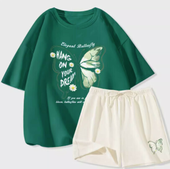 Hot selling ice silk short-sleeved shorts two-piece set [dark green (daisy butterfly) + milky white pants] [S-2XL size] (please contact customer service to confirm the delivery size after placing the order)