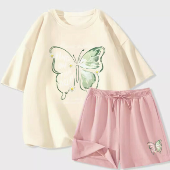 Hot selling ice silk short-sleeved shorts two-piece set [Milk White (Daisy Butterfly) + Pink Pants] [S-2XL] (please contact customer service to confirm the delivery size after placing the order)