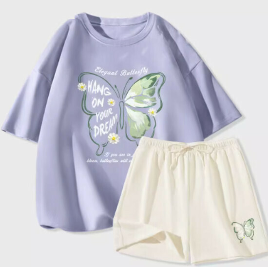 Hot selling ice silk short-sleeved shorts two-piece set [light blue (daisy butterfly) + milky white pants] [S-2XL size] (please contact customer service to confirm the delivery size after placing the order)