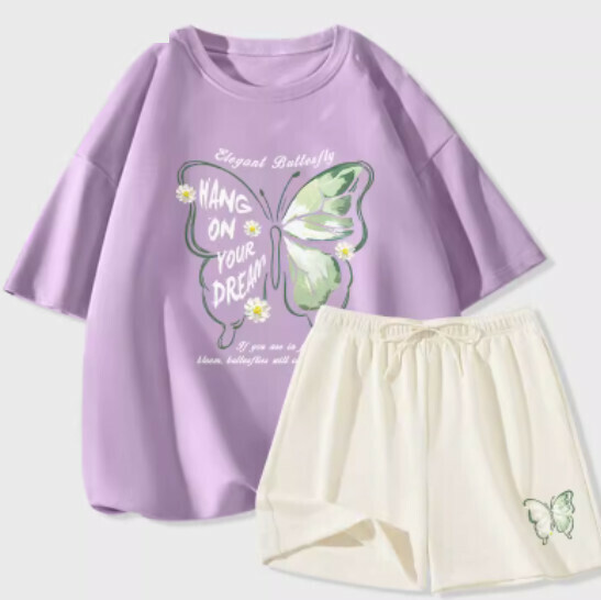Hot Selling Ice Silk Short Sleeve Shorts Two-piece Set [Taro Purple (Daisy Butterfly) + Milky White Pants] [S-2XL Size] (Please contact customer service to confirm the delivery size after placing the order)