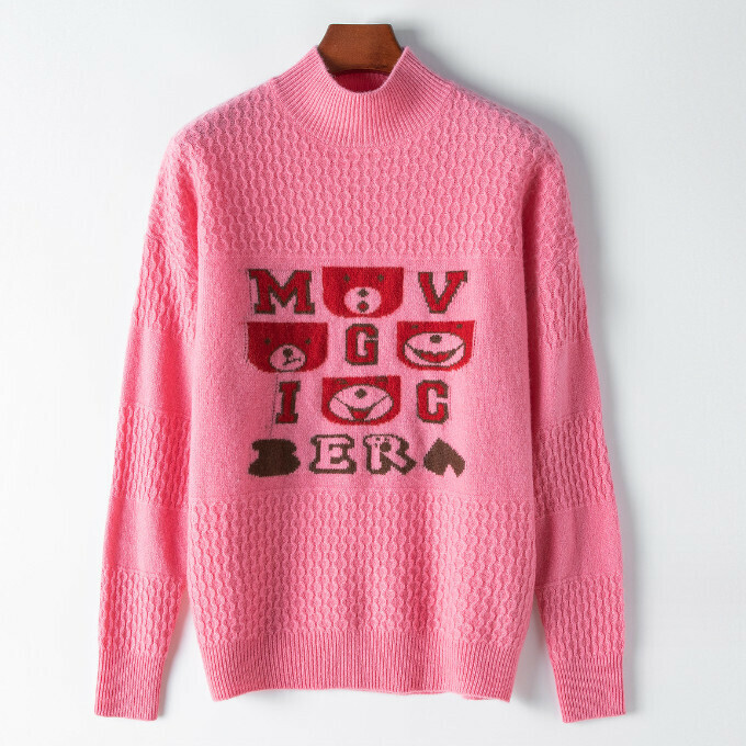 Hot Selling Jacquard Round Neck Wool Sweater (One Size) (Rose Pink)