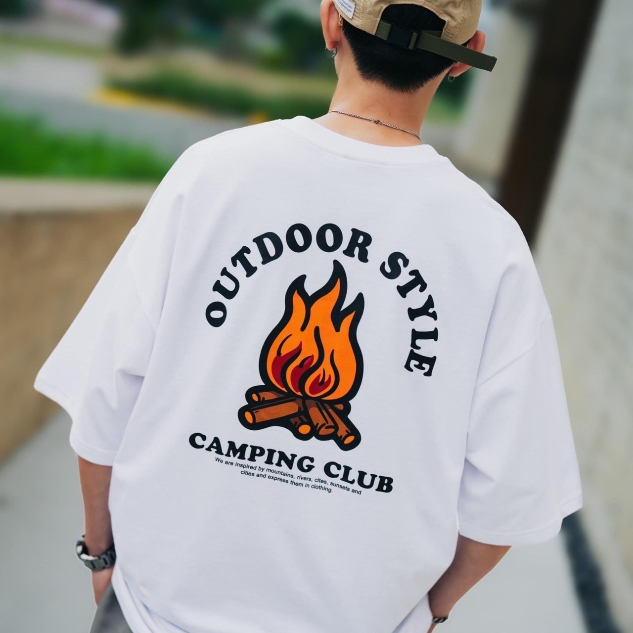 <兩件免運>Outdoor Style 露營系列 落肩短Tee 營火 Oversize 上衣 日系復古 圓領 男女款 情侶衣