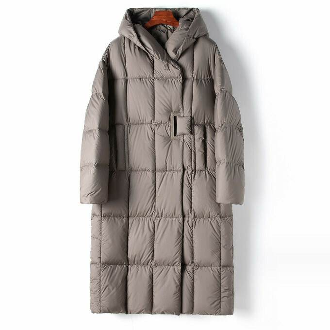 熱賣白鴨絨長款連帽羽絨服(S/M碼)(摩卡灰)(下單後聯絡客服確認發貨尺碼)