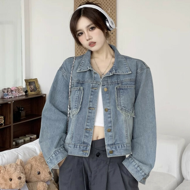Hot selling loose denim short jacket (size S-L) (blue) (contact customer service after placing the order to confirm the delivery size)