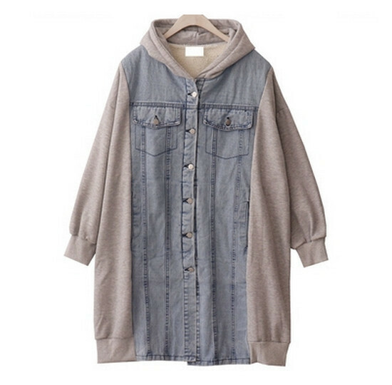 Hot selling long denim patchwork jacket [light gray] [one size fits all]