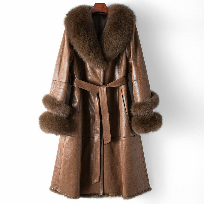 Hot selling fox fur collar rabbit fur all-in-one long coat (XL-4XL size) (dark brown) (contact customer service after placing the order to confirm the delivery size)