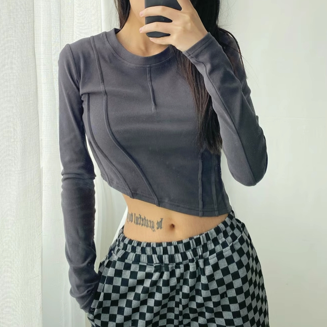 Hot Selling Fishbone Outseam Diagonal Short Long Sleeve T-Shirt (Gray) (S/M Size) (Contact customer service after placing the order to confirm the delivery size)