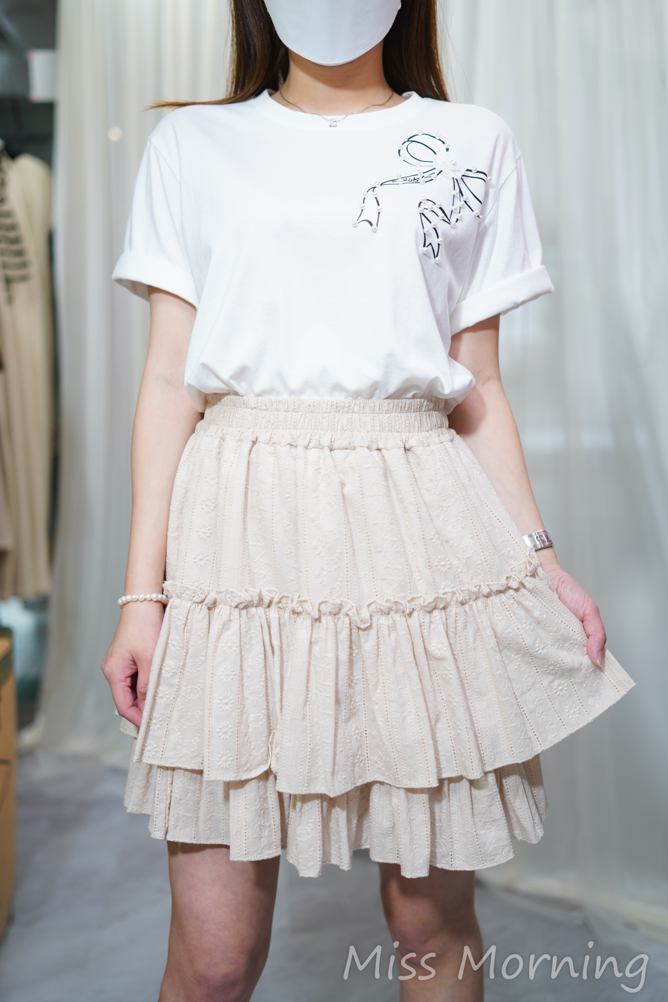 反袖蝴蝶結釘珠款上衣(13925)&通花裙(33748)