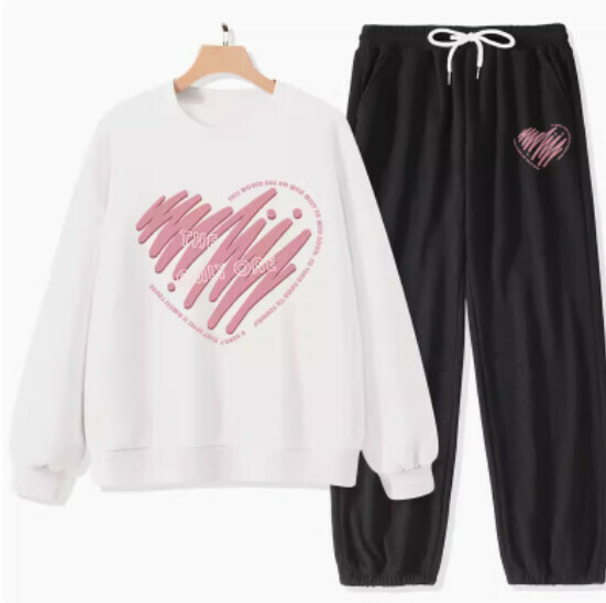 Hot selling spring and autumn sweatshirt and pants two-piece set [white (only heart) + black pants] [M-L size] (please contact customer service to confirm the delivery size after placing the order)