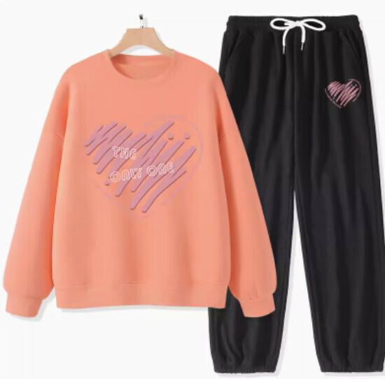 Hot-selling spring and autumn sweatshirt and pants two-piece set [orange pink (only heart) + black pants] [S-XXL size] (please contact customer service to confirm the delivery size after placing the order)