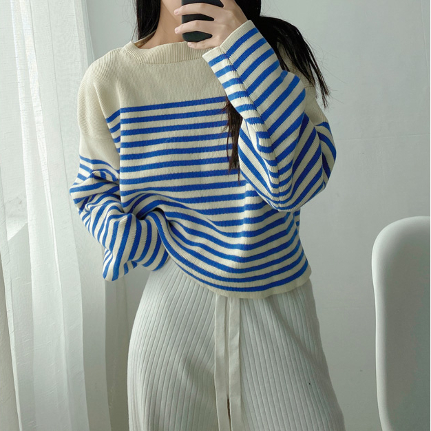 Hot selling blue and white striped short cotton sweater (S/M size) (contact customer service after placing order to confirm delivery size)
