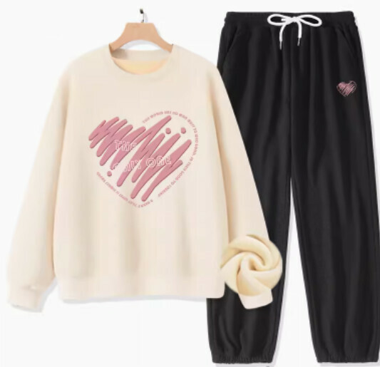 Hot selling two-piece fleece sweatshirt and pants set [Milk White (Unique Heart) + Black Pants] [S-XL Size] (please contact customer service to confirm the delivery size after placing the order)