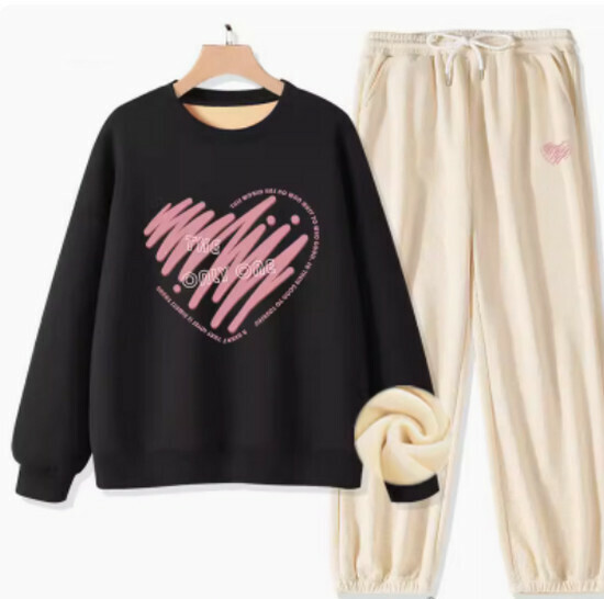 Hot selling two-piece fleece sweatshirt and pants set [Black (Unique Heart) + Cream Pants] [S-XXL Size] (please contact customer service to confirm the delivery size after placing the order)