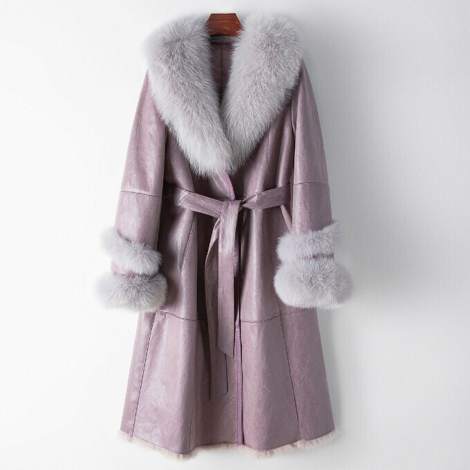 Hot selling fox fur collar rabbit fur all-in-one long coat (size 3XL/4XL) (light purple) (contact customer service after placing the order to confirm the delivery size)