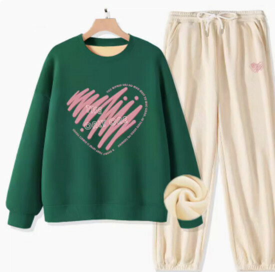 Hot selling two-piece fleece sweatshirt and pants set [dark green (only heart) + milky white pants] [M-XXL size] (please contact customer service to confirm the delivery size after placing the order)