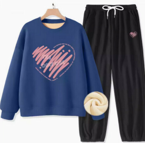 Hot selling two-piece fleece sweatshirt and pants set [Dark Gray Blue (Only Heart) + Black Pants] [S-XL Size] (please contact customer service to confirm the delivery size after placing the order)
