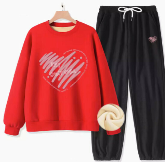 Hot selling two-piece fleece sweatshirt and pants set [red (only heart) + black pants] [S-XXL size] (please contact customer service to confirm the delivery size after placing the order)