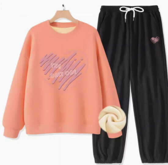 Hot selling fleece sweatshirt and pants two-piece set [orange pink (only heart) + black pants] [S-XXL size] (please contact customer service to confirm the delivery size after placing the order)