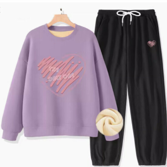 Hot-selling two-piece fleece sweatshirt and pants set [Taro Purple (Unique Heart) + Black Pants] [S-XXL Size] (please contact customer service to confirm the delivery size after placing the order)