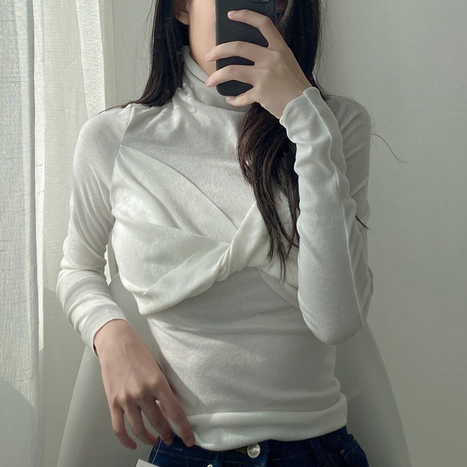 Hot selling cross chest pleated high collar bottoming T-shirt (white) (S/M size) (contact customer service after placing the order to confirm the delivery size)