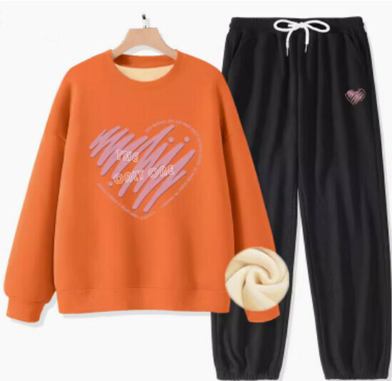 Hot selling fleece sweatshirt and pants two-piece set [warm orange (only heart) + black pants] [M-XXL size] (please contact customer service to confirm the delivery size after placing the order)