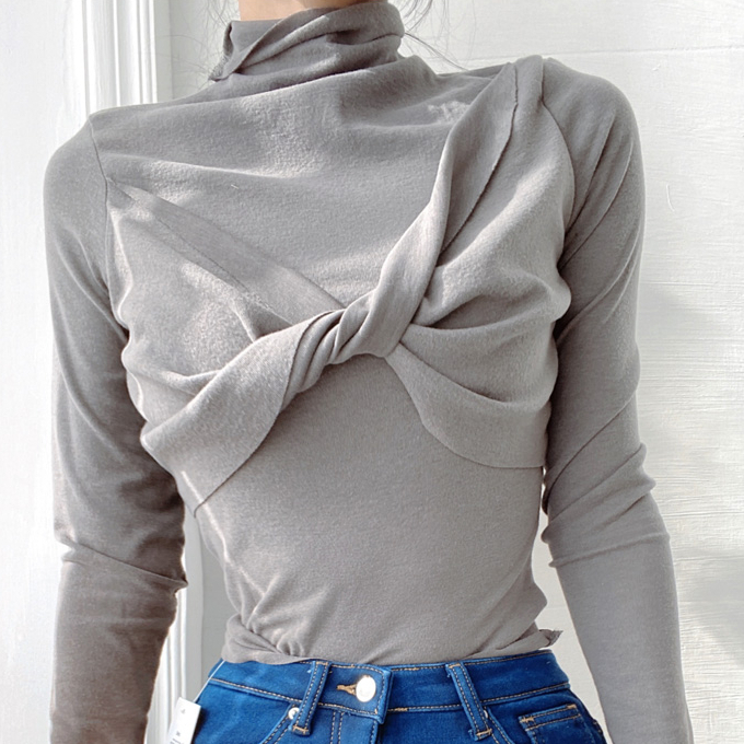 Hot selling front cross pleat high collar bottoming T-shirt (charcoal gray) (S/M size) (contact customer service after placing the order to confirm the delivery size)