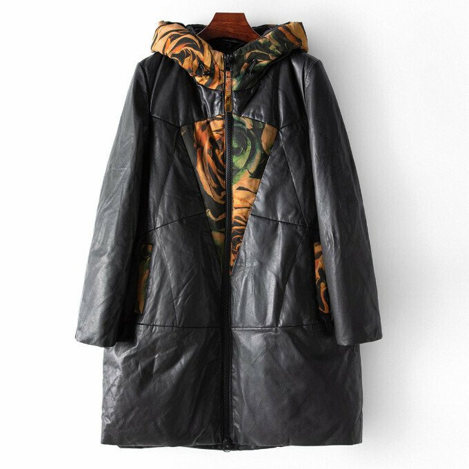熱賣白鵝絨真皮大衣(M-2XL碼)(黑黃色)(下單後聯絡客服確認發貨尺碼)