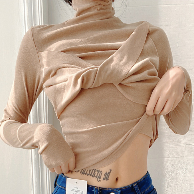 Hot selling cross chest pleated high collar bottoming T-shirt (khaki) (S/M size) (contact customer service after placing the order to confirm the delivery size)