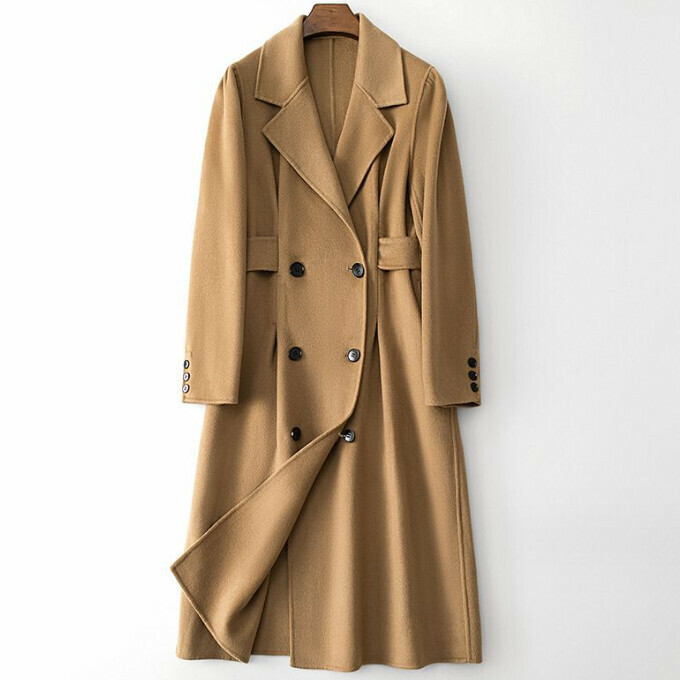Hot selling long double-sided woolen jacket (S size) (Camel)