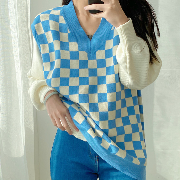 Hot selling loose V-neck plaid vest (blue) (S/M size) (contact customer service after placing the order to confirm the delivery size)