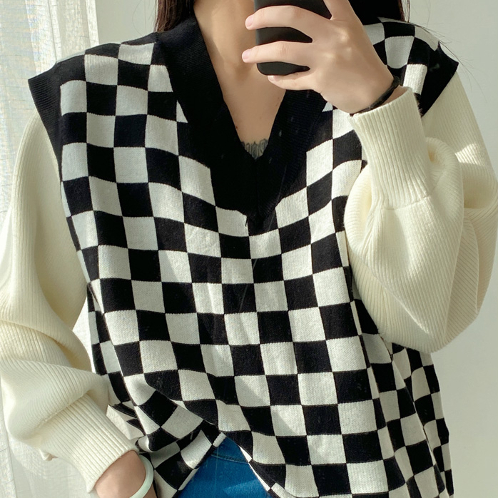 Hot selling loose V-neck plaid vest (black) (S/M size) (contact customer service after placing the order to confirm the delivery size)