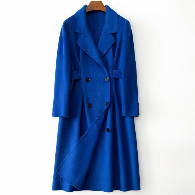 Hot selling long double-sided woolen jacket (size S) (blue)