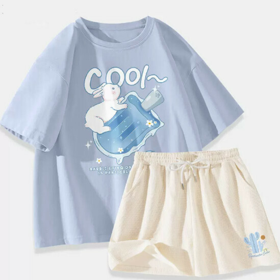 Hot selling cotton short-sleeved t-shirt two-piece set [light blue (popsicle rabbit) + milk white pants] [S-XL size] (please contact customer service to confirm the delivery size after placing the order)