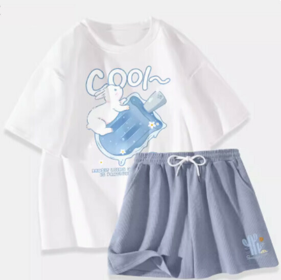 Hot selling cotton short-sleeved t-shirt two-piece set [white (popsicle rabbit) + blue pants] [S-XL size] (please contact customer service to confirm the delivery size after placing the order)