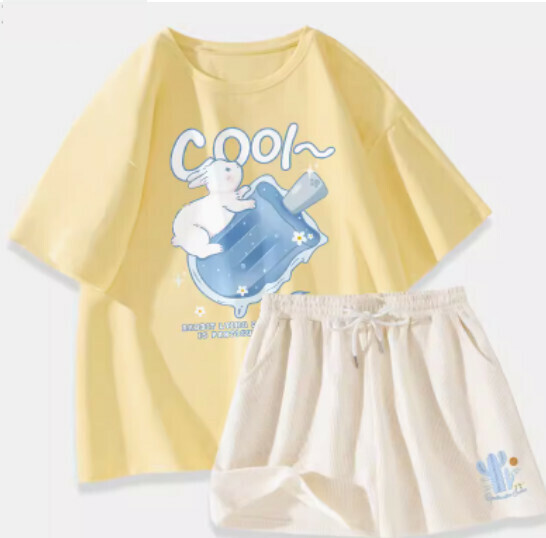 Hot selling two-piece cotton short-sleeved T-shirt set [Goose Yellow (Possicle Rabbit) + Milky White Pants] [S-XL Size] (please contact customer service to confirm the delivery size after placing the order)