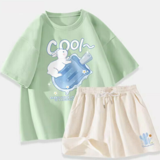 Hot-selling two-piece cotton short-sleeved T-shirt set [Fruit Green (Possicle Rabbit) + Milky White Pants] [S-XL Size] (please contact customer service to confirm the delivery size after placing the order)