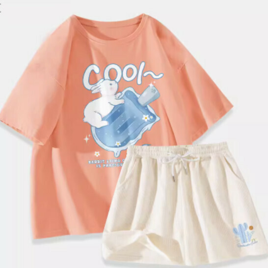 Hot selling two-piece cotton short-sleeved T-shirt set [orange pink (popsicle rabbit) + milk white pants] [S-XL size] (please contact customer service to confirm the delivery size after placing the order)