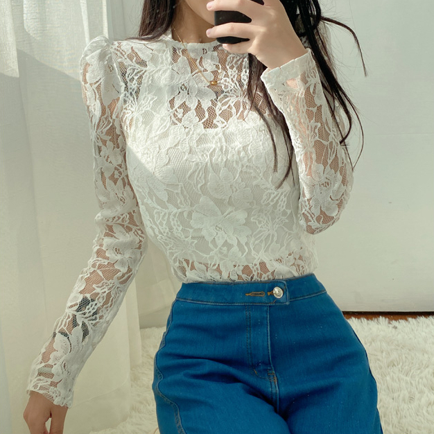 Hot selling lace jacquard long-sleeved hollow T-shirt (white) (S-L size) (contact customer service after placing the order to confirm the delivery size)
