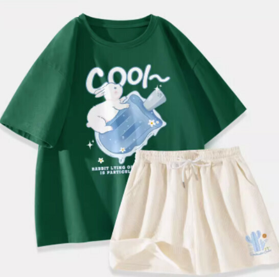 Hot selling two-piece cotton short-sleeved T-shirt set [dark green (popsicle rabbit) + milky white pants] [S-XL size] (please contact customer service to confirm the delivery size after placing the order)