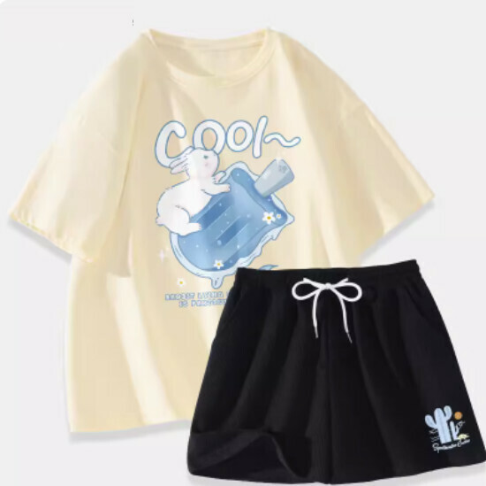 Hot selling cotton short-sleeved T-shirt two-piece set [Milk White (Possicle Rabbit) + Black Pants] [S-XL] (please contact customer service to confirm the delivery size after placing the order)