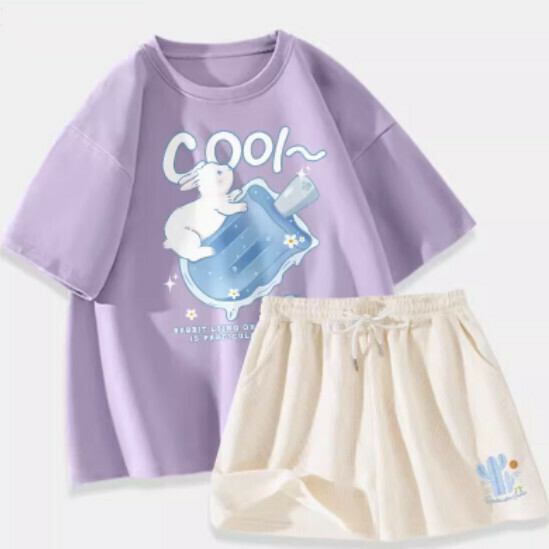 Hot selling pure cotton short-sleeved T-shirt two-piece set [Taro Purple (Possicle Rabbit) + Milky White Pants] [S-XL] (please contact customer service to confirm the delivery size after placing the order)